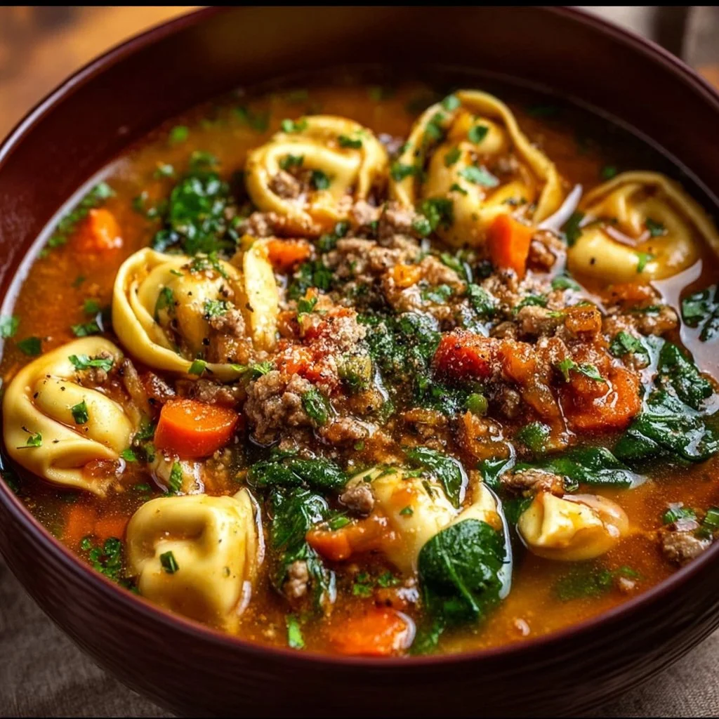 A bowl of Autumn Tortellini Soup with Sausage garnished with herbs.