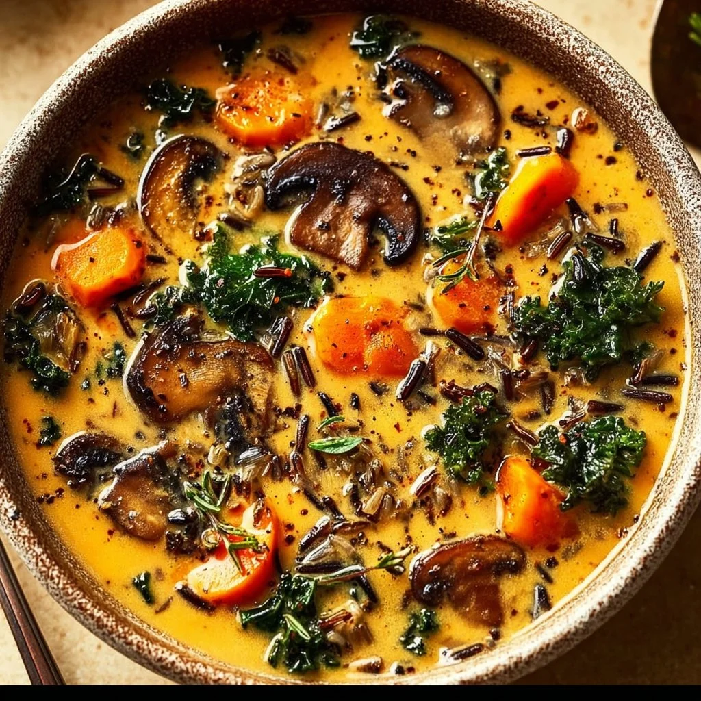 Bowl of autumn wild rice soup garnished with herbs and vegetables