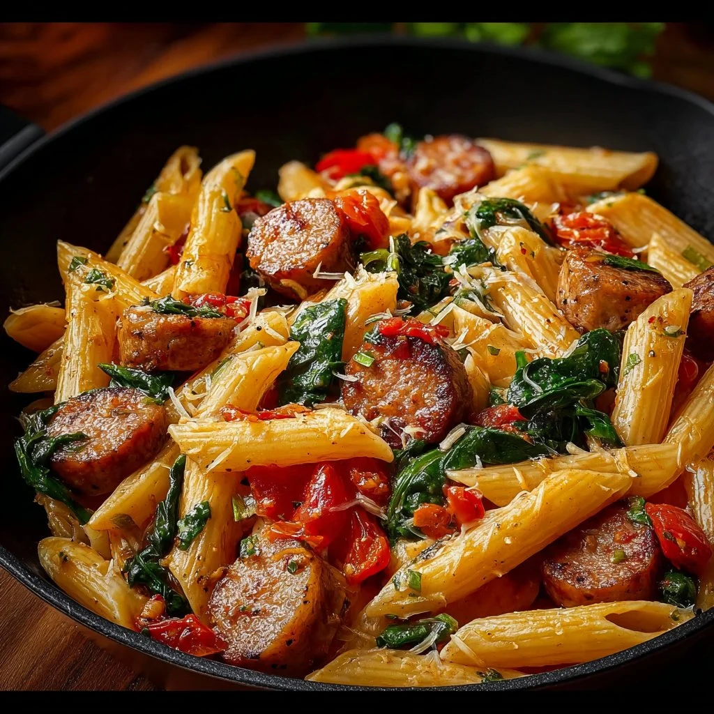 Delicious Cajun Sausage Pasta served in a bowl with herbs and spices.