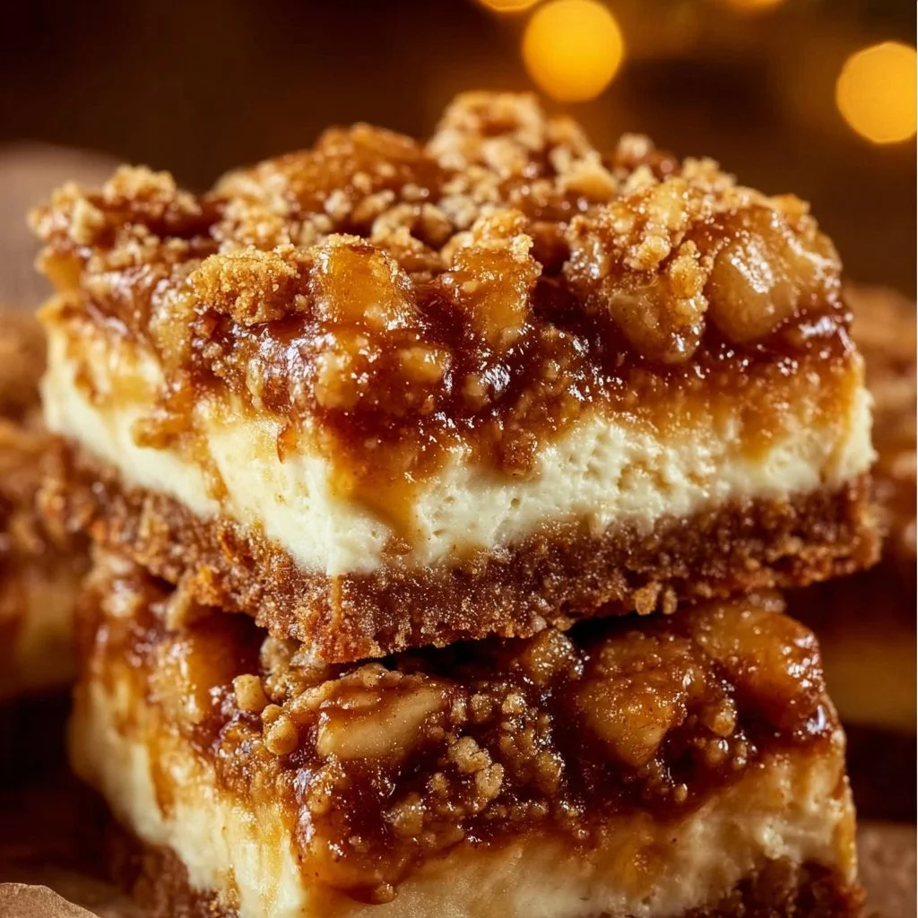Delicious caramel apple cheesecake bars topped with caramel drizzle.