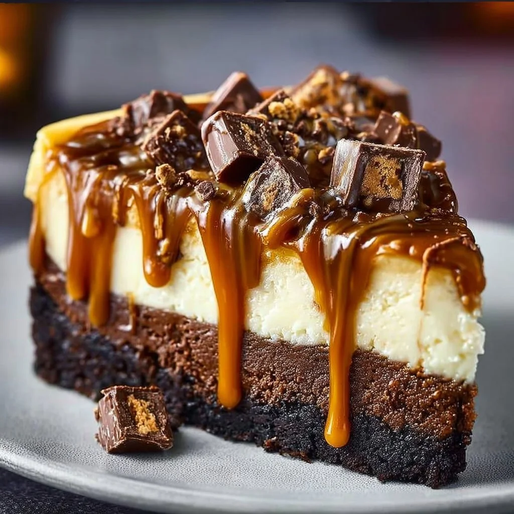Delicious caramel brownie cheesecake topped with caramel drizzle and chocolate shavings