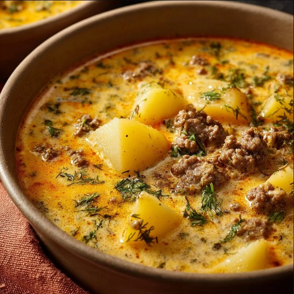 Delicious bowl of cheeseburger soup topped with cheese and herbs