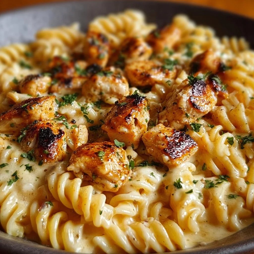 Cheesy Cajun Garlic Chicken Rotini Skillet served in a cozy setting