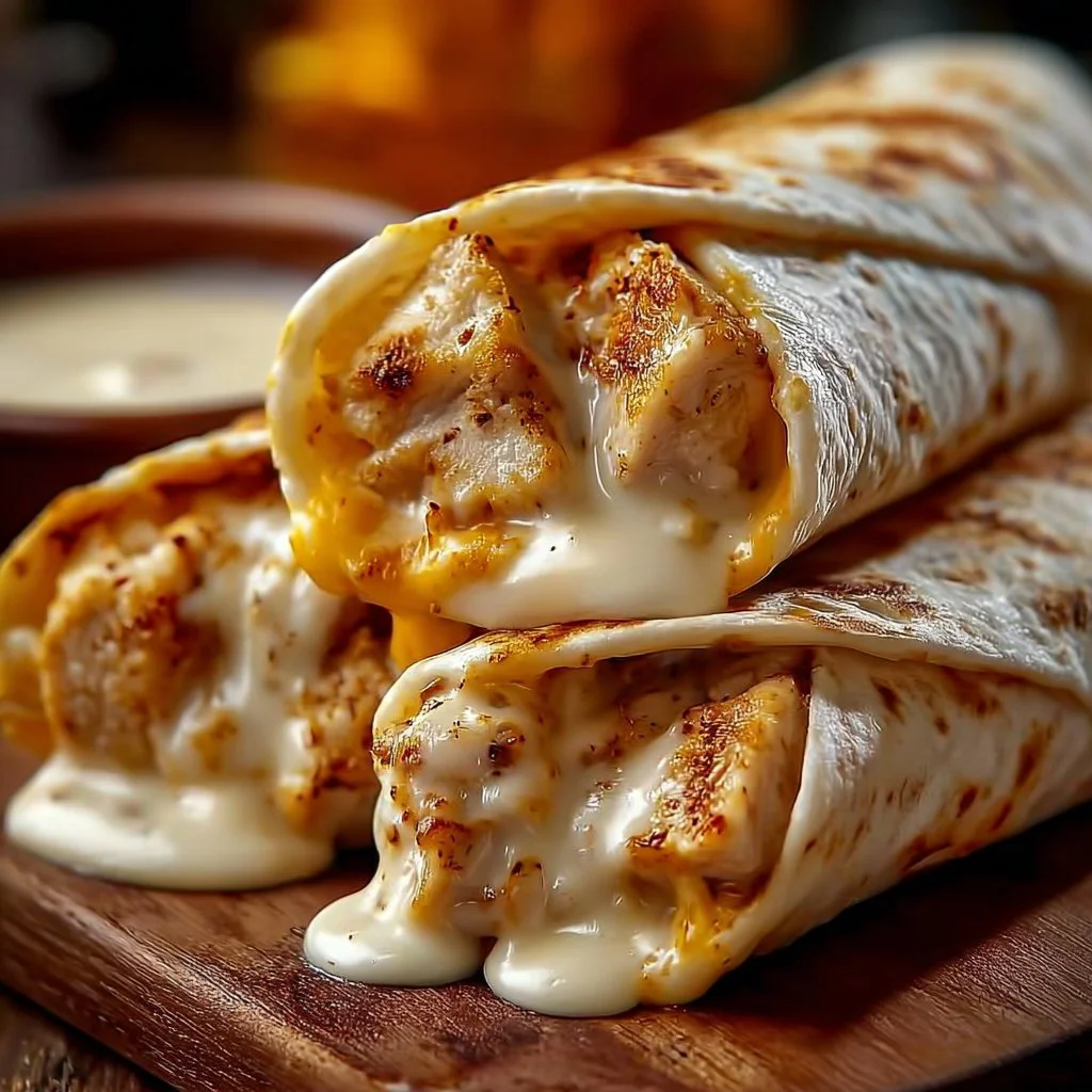 Delicious cheesy garlic chicken wraps served on a plate with fresh ingredients.