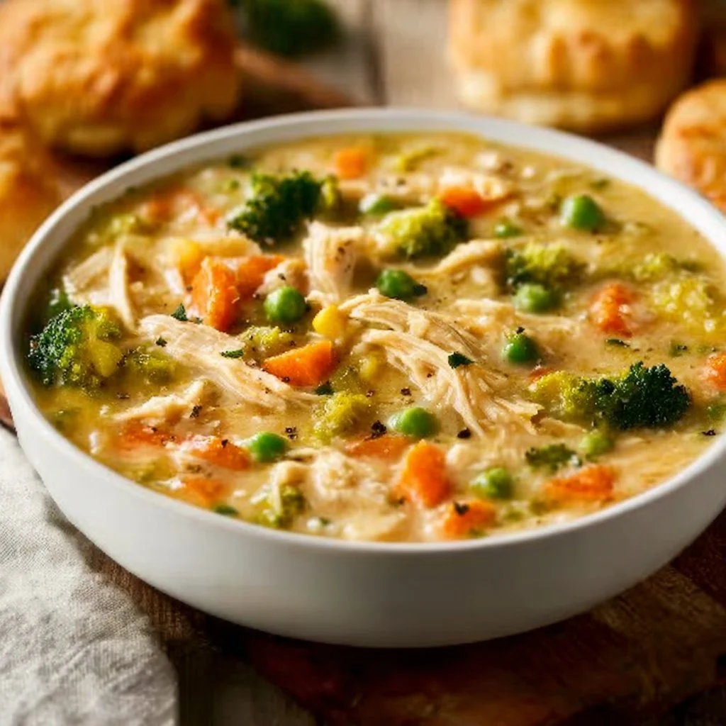 Delicious Chicken Pot Pie Soup served in a bowl with fresh herbs.