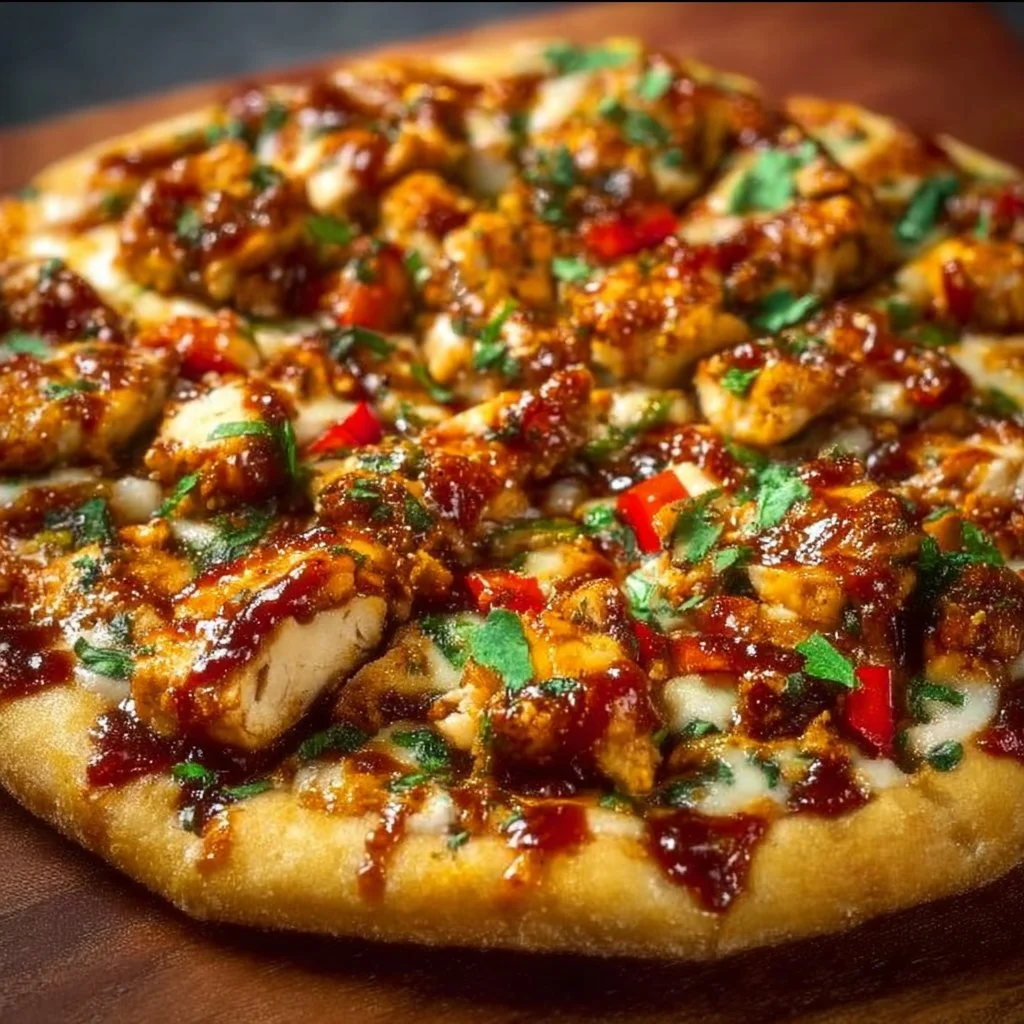 Delicious pizza topped with Chili Garlic Chicken and fresh ingredients