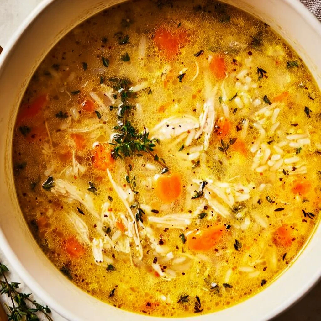 A bowl of cozy chicken rice soup topped with fresh herbs and spices.