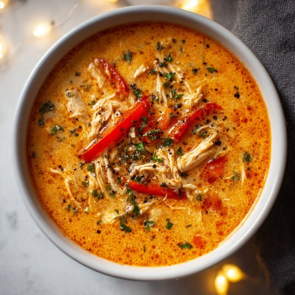 Bowl of creamy Cajun Chicken Soup with herbs and spices