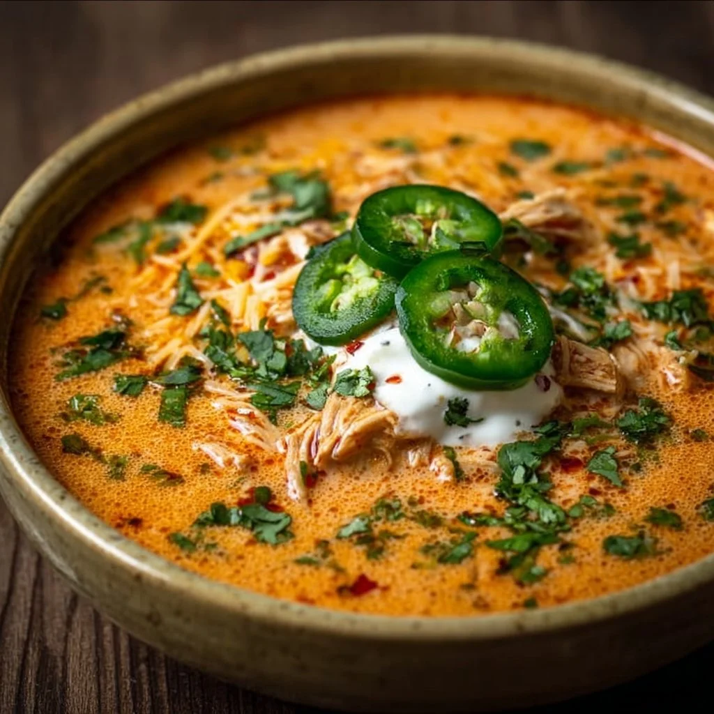 Bowl of creamy chicken enchilada soup topped with cheese and cilantro