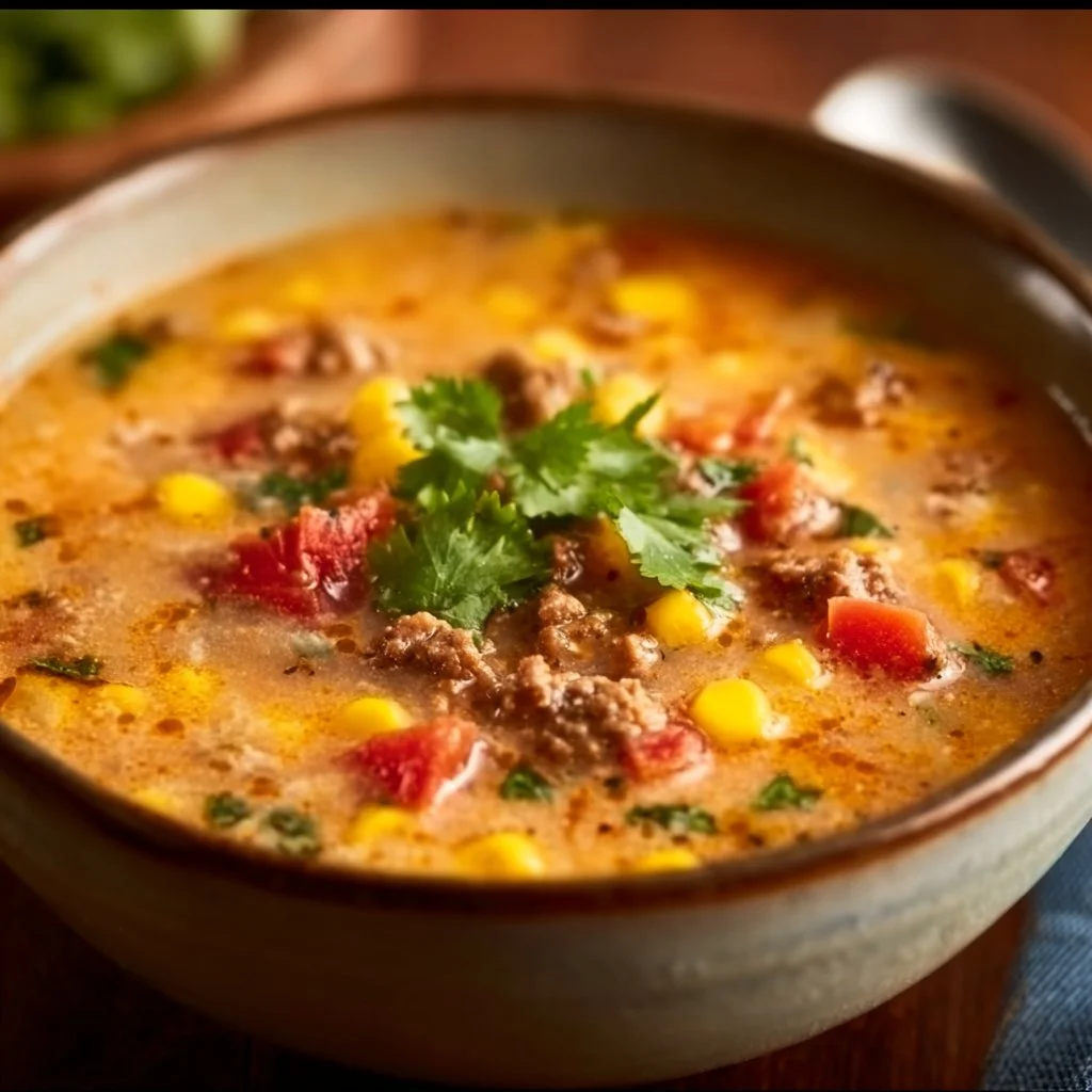 Bowl of creamy cowboy soup topped with fresh herbs and spices