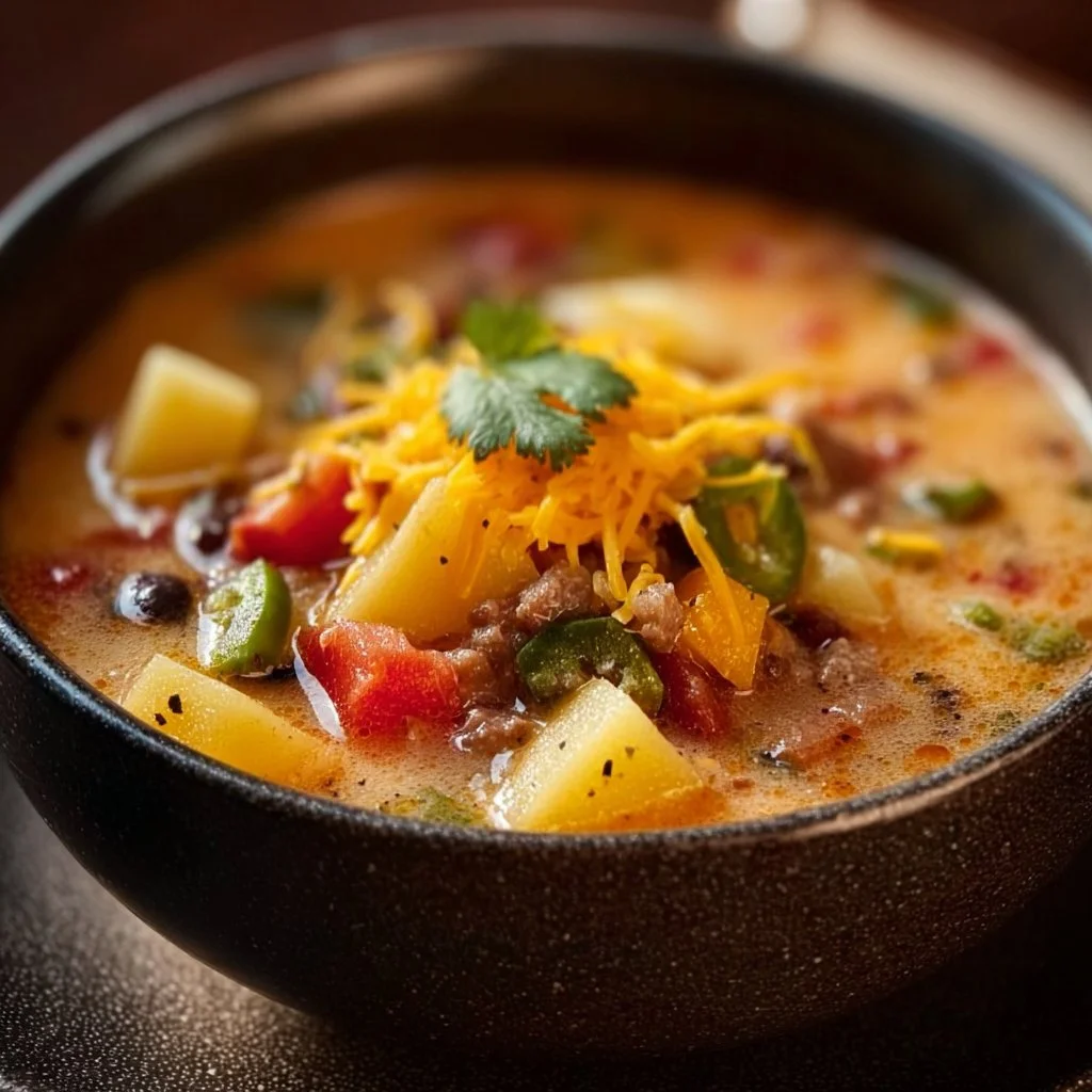 Bowl of creamy Cowboy Soup with vegetables and spices