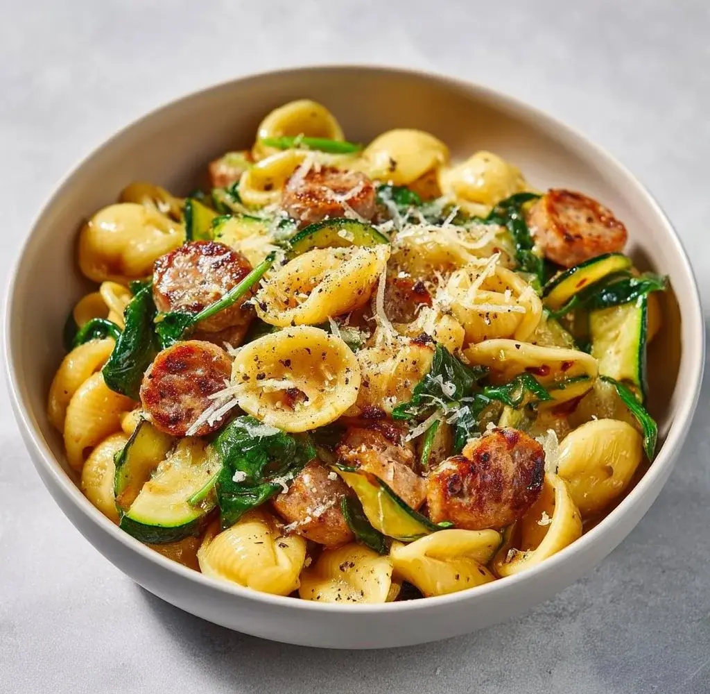 Creamy protein-packed pasta bowl with vibrant vegetables
