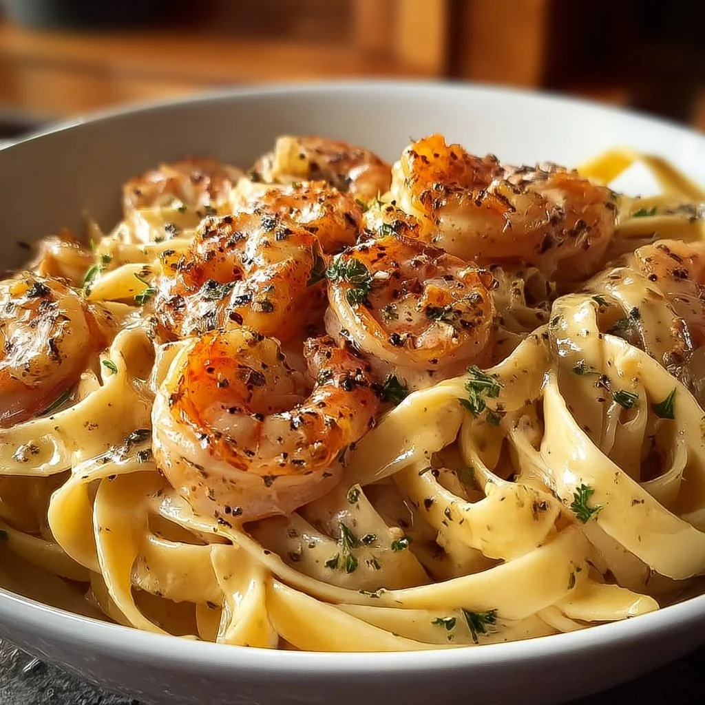 Creamy shrimp fettuccine pasta served in a bowl with herbs