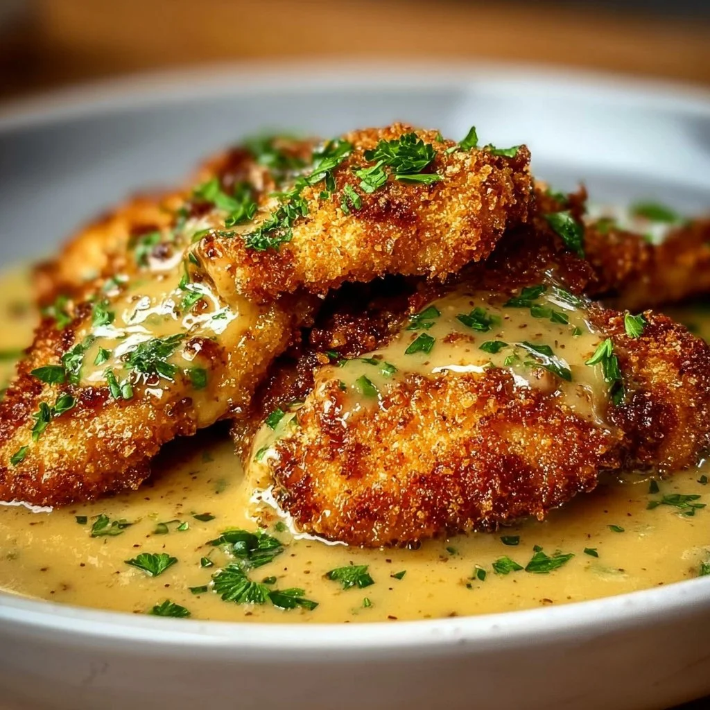 Crispy Parmesan Chicken drizzled with rich garlic sauce on a plate