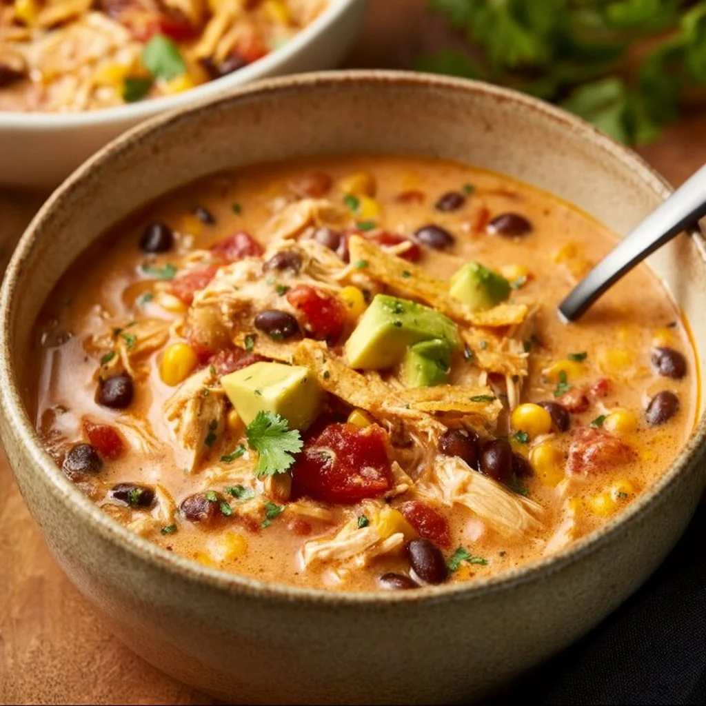 Bowl of easy chicken taco soup garnished with cilantro and cheese