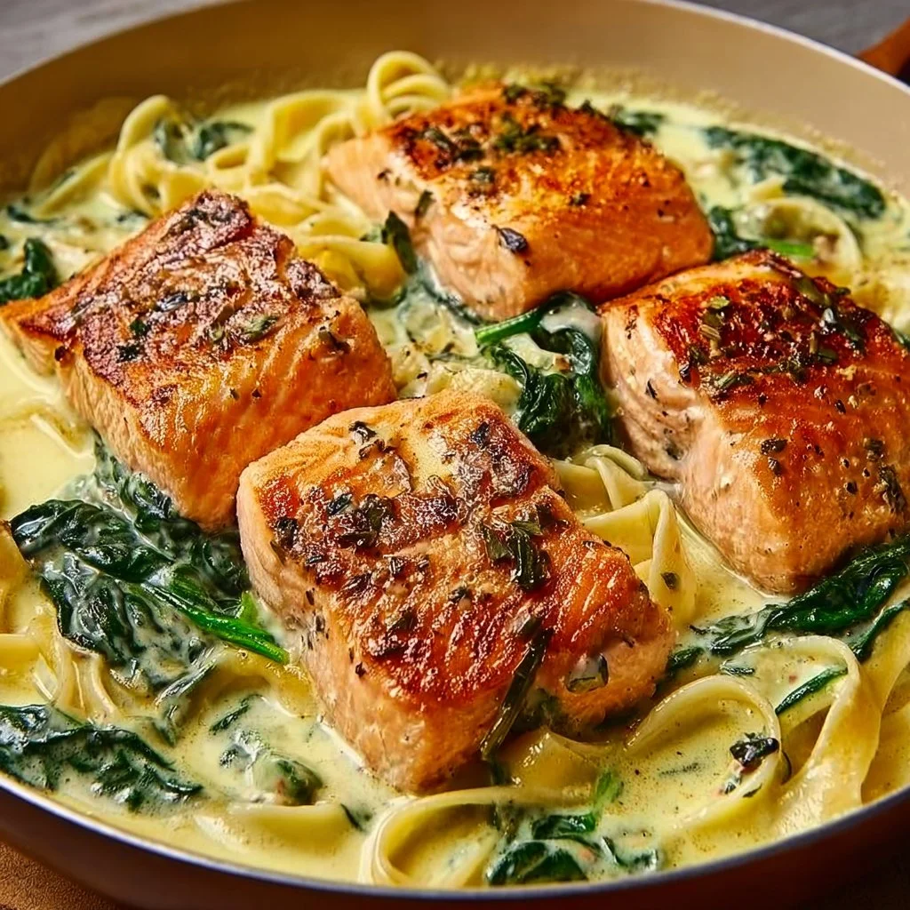 Plate of creamy salmon florentine with spinach, served with a lemon wedge.