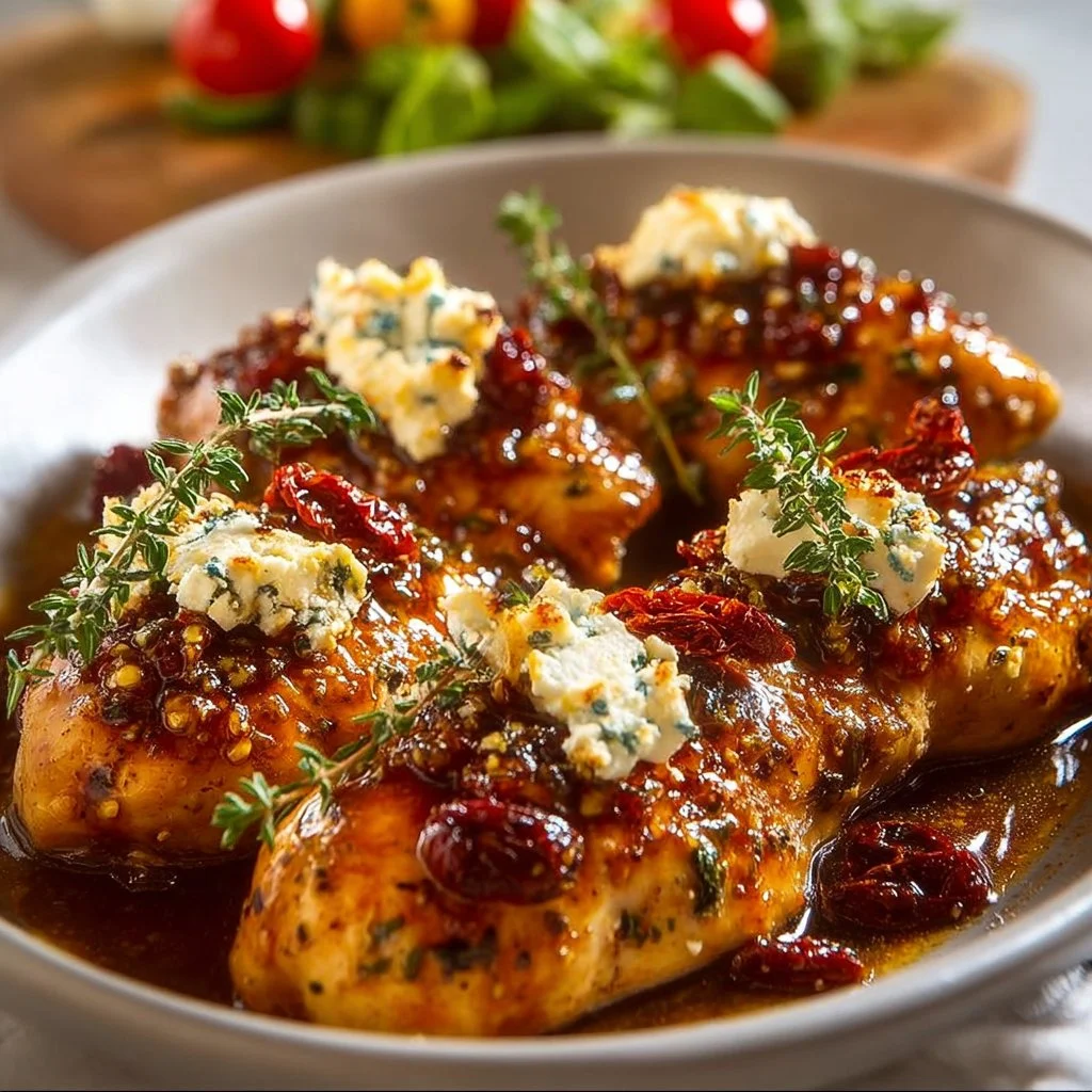 Hot honey infused feta chicken garnished with herbs and served on a plate.