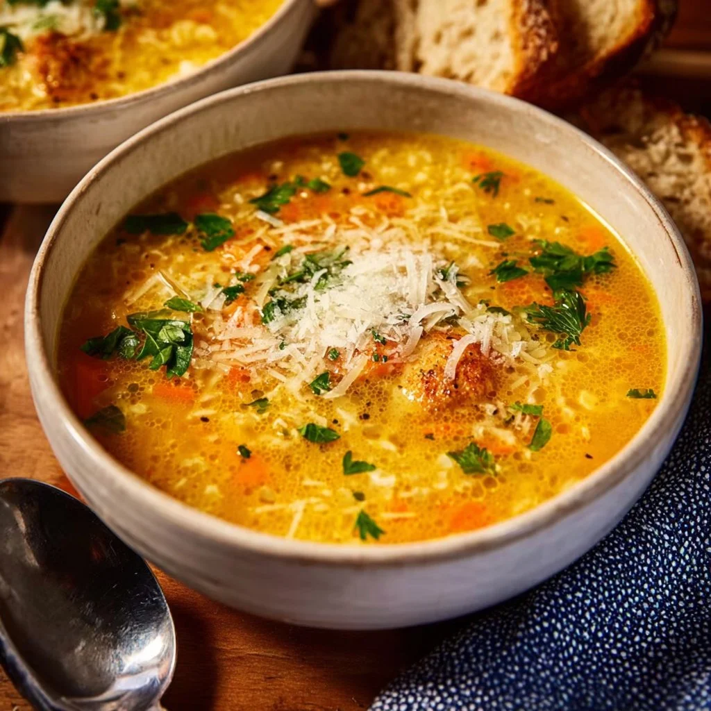 A bowl of Italian Penicillin Soup filled with herbs, vegetables, and a rich broth.