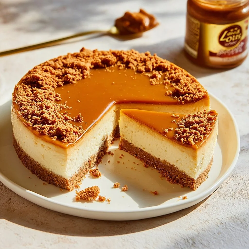 Delicious no-bake Lotus cheesecake topped with Lotus biscuit crumbs