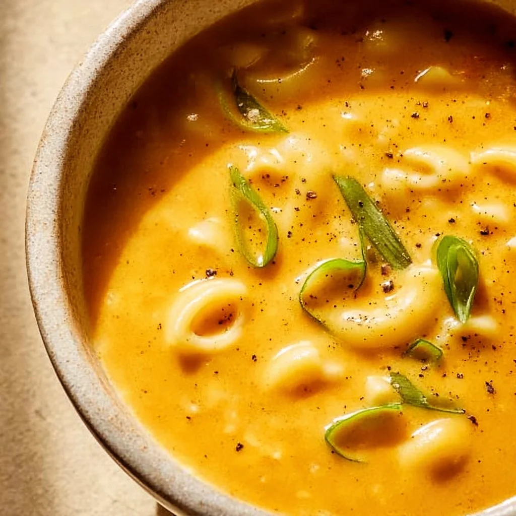 Bowl of creamy Mac and Cheese Soup topped with herbs and cheese