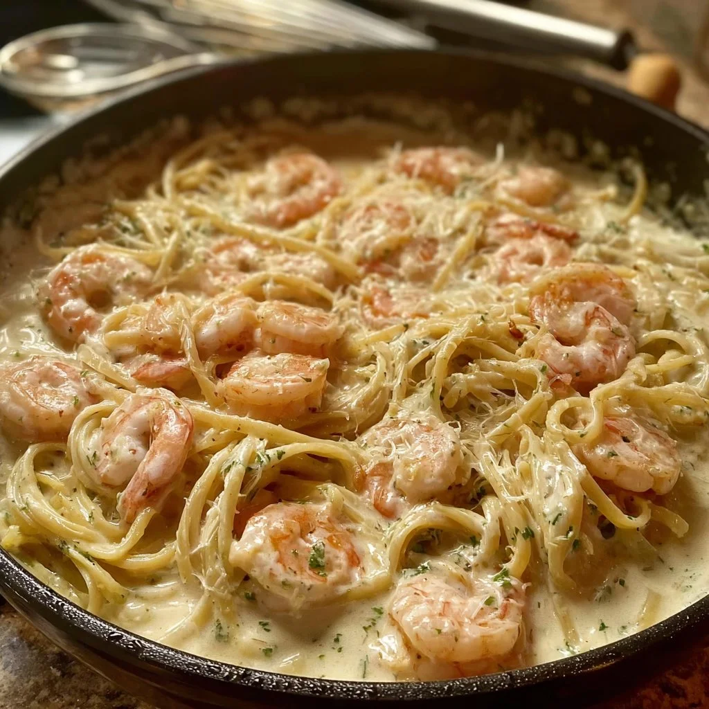 One Pan Shrimp Fettuccine Alfredo with creamy sauce and shrimp