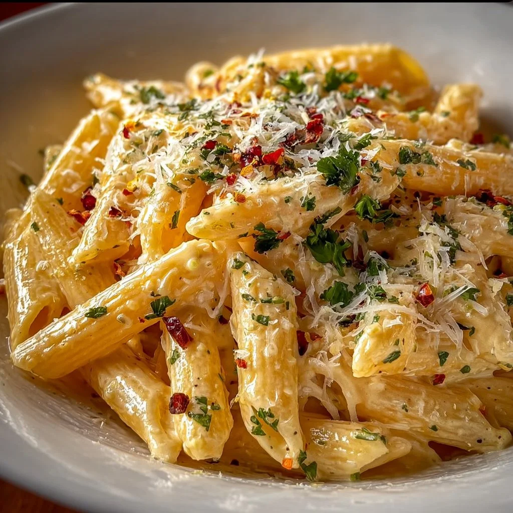 One pot creamy garlic pasta served in a bowl with herbs and parmesan on top