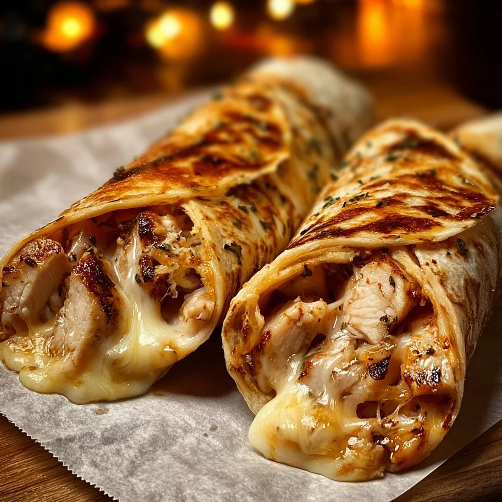 Cheesy garlic chicken wraps filled with ooey-gooey goodness