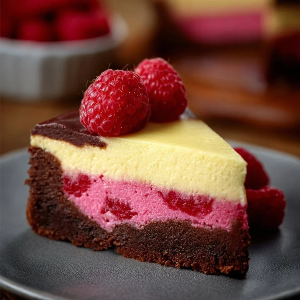 Delicious Raspberry Brownie Cheesecake topped with fresh raspberries and drizzled chocolate.