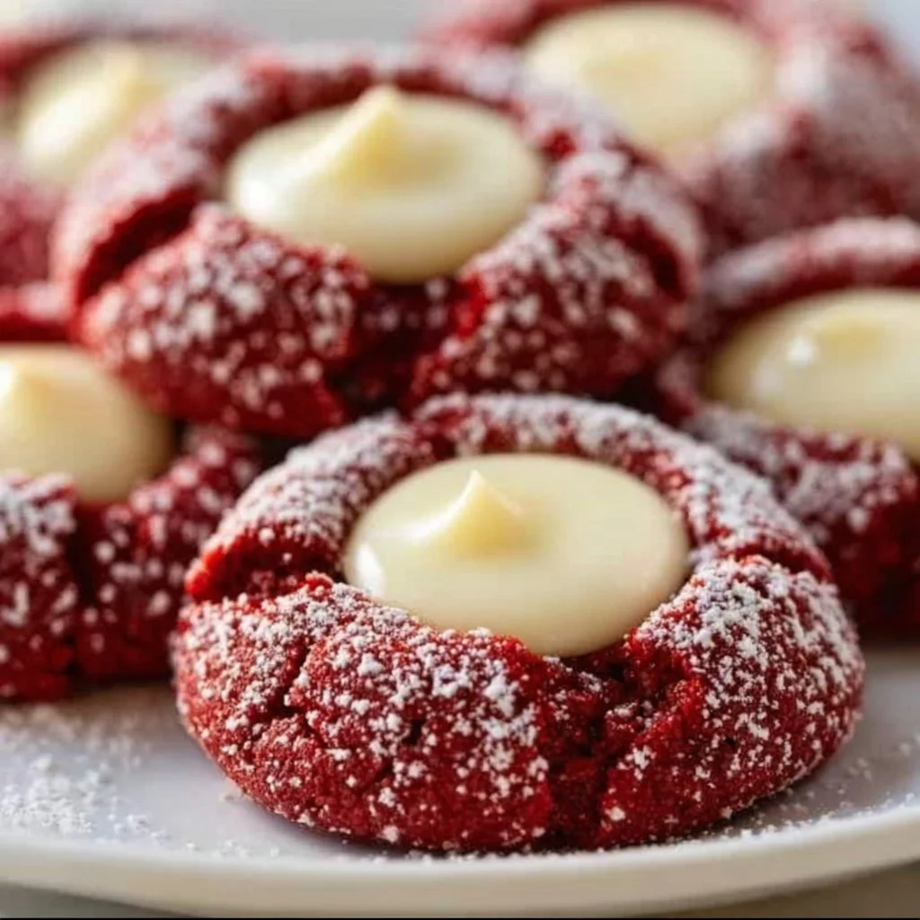 Red Velvet Cream Cheese Thumbprint Cookies on a plate