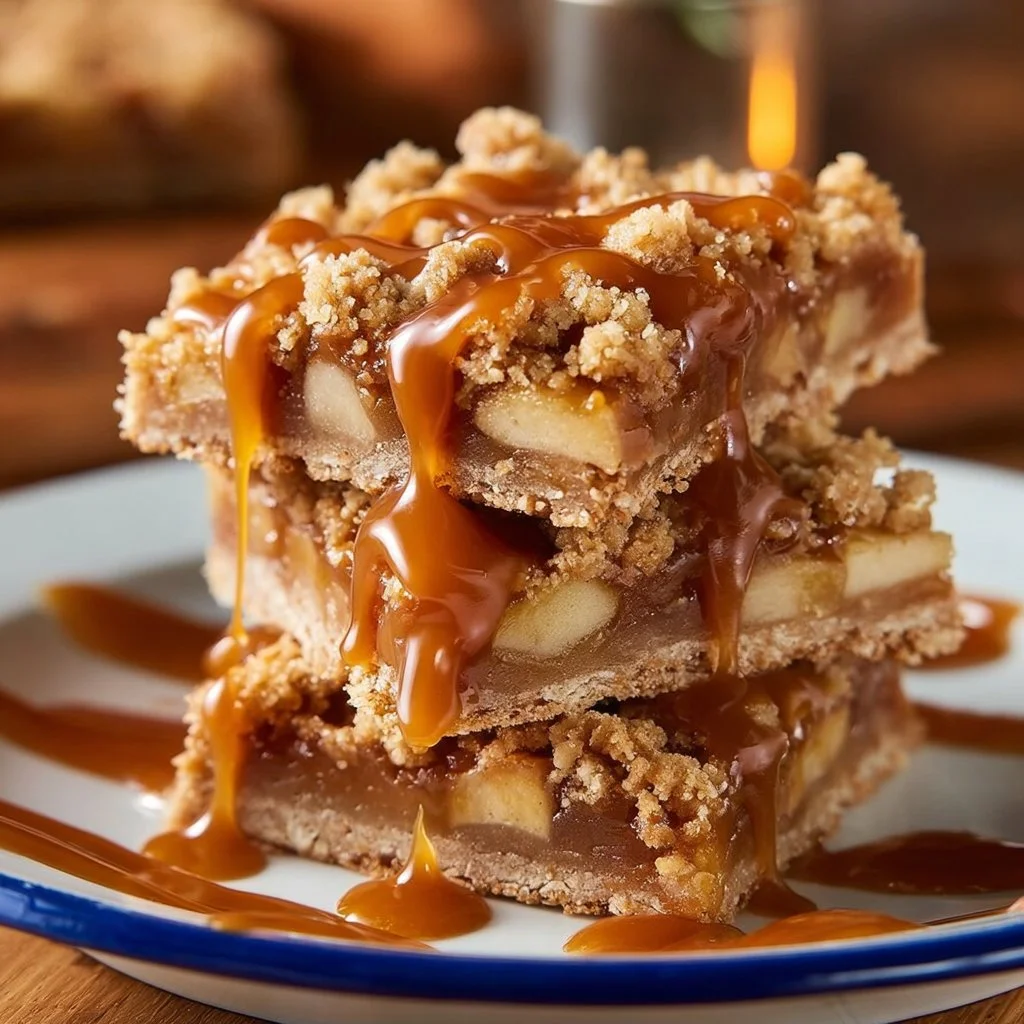Salted Caramel Apple Crisp Bars with layers of apples and caramel on a crunchy topping