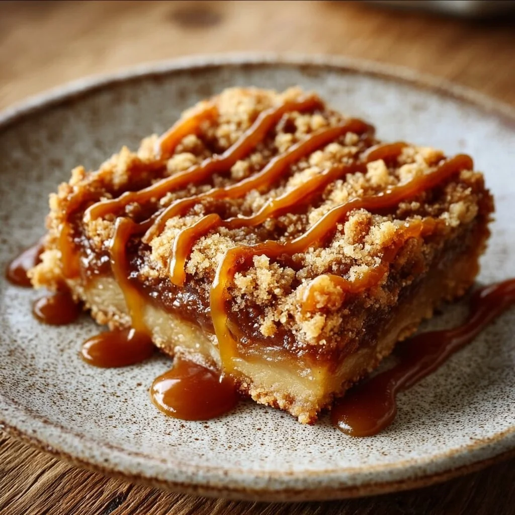 Delicious salted caramel apple crumble bars served on a rustic wooden table.