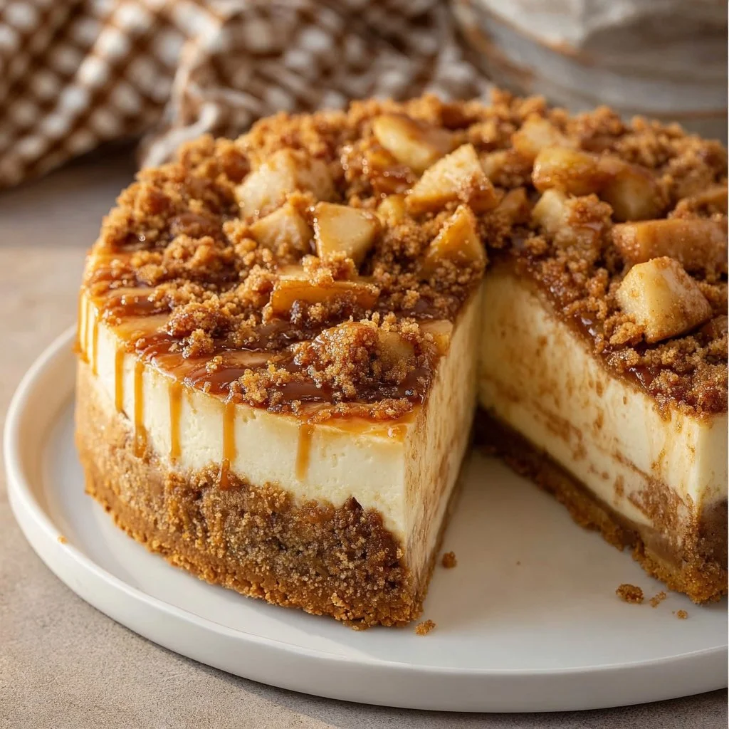 Salted Caramel Apple Pie Cheesecake topped with drizzled caramel