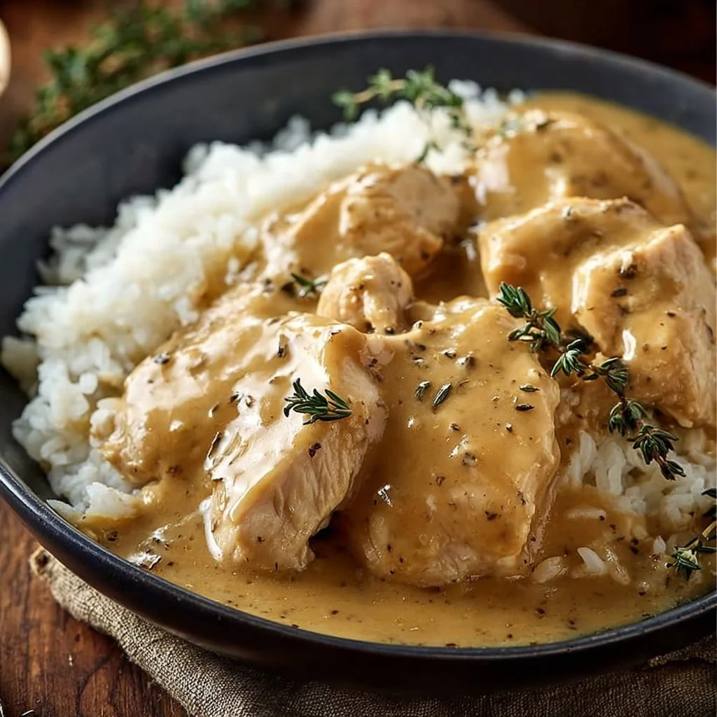 Delicious slow cooker chicken and gravy served with mashed potatoes