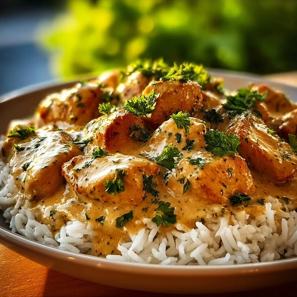 Delicious plate of smothered chicken and rice served with gravy.