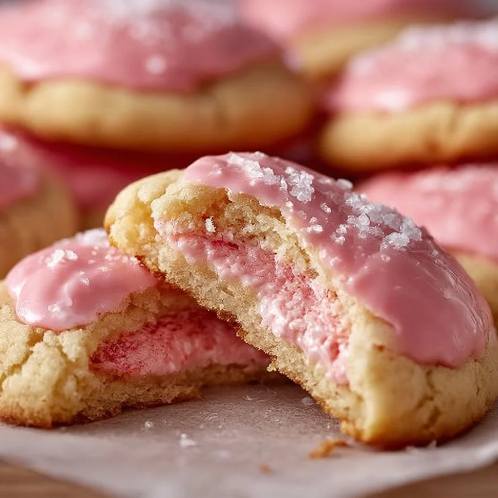 Soft strawberry cheesecake cookies with vibrant strawberries and cream cheese frosting