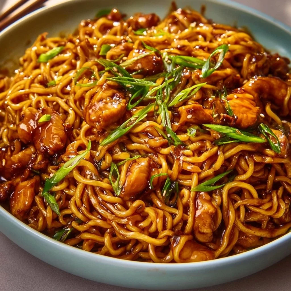 Sticky Garlic Chicken Noodles with vibrant vegetables and rich sauce in a bowl