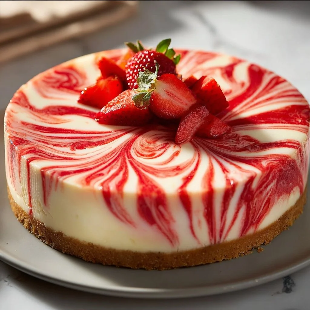 Delicious strawberry swirl cheesecake with creamy texture and vibrant fruit swirls