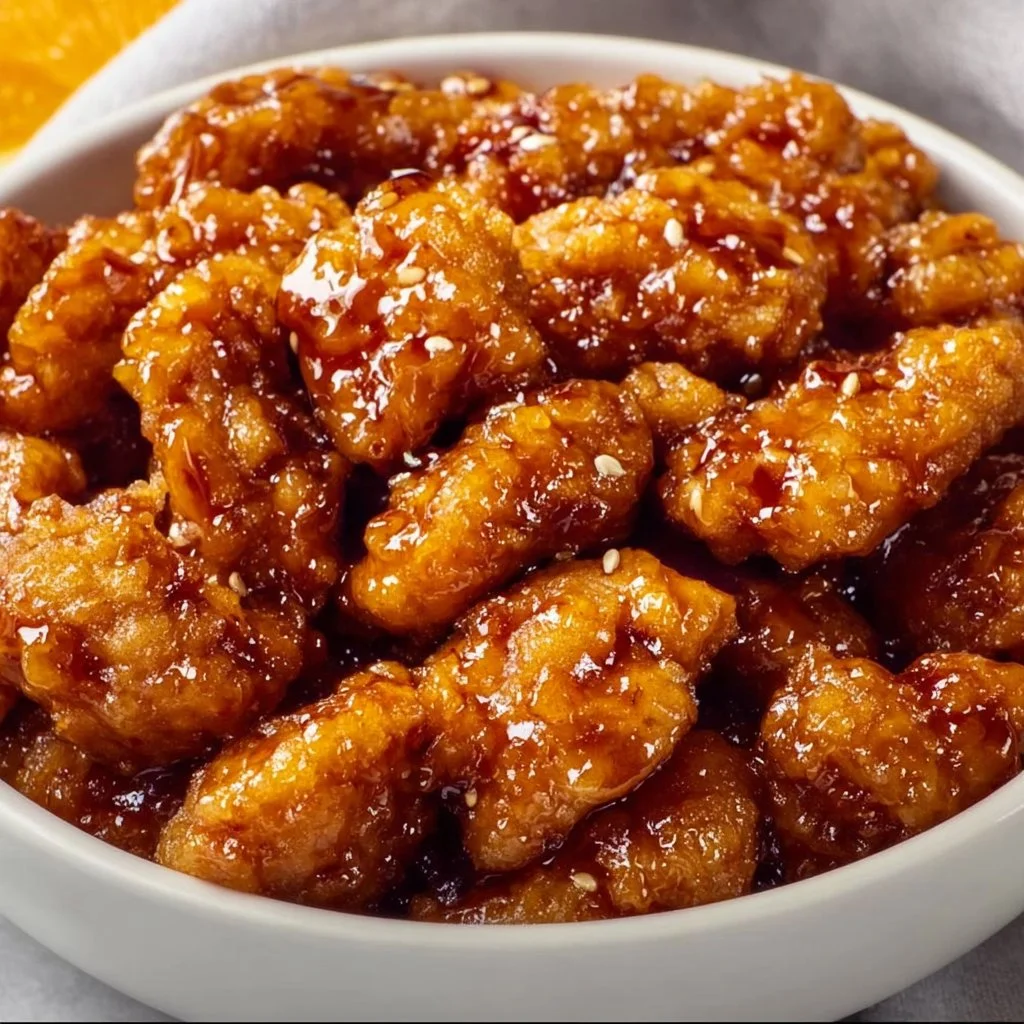 Plate of 3 Ingredient Orange Chicken with rice and vegetables