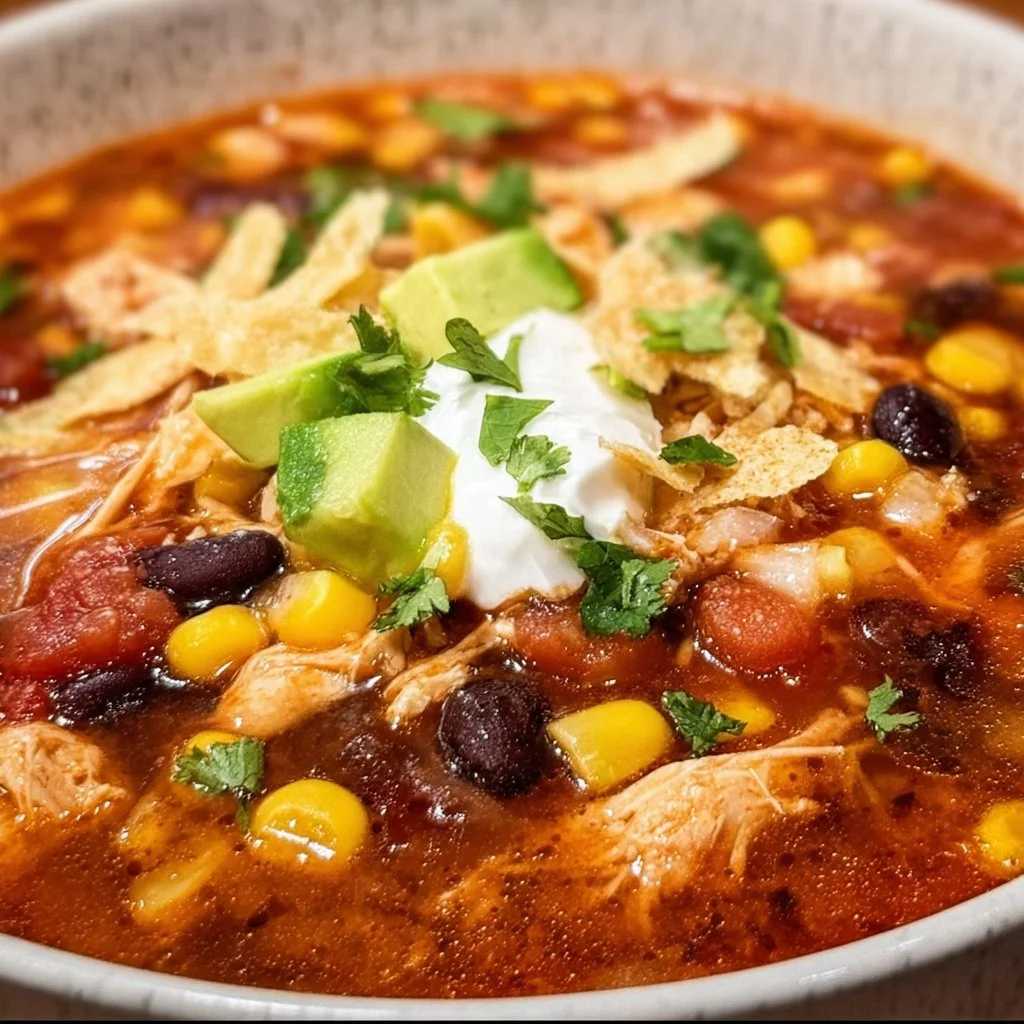 Delicious 7 Can Chicken Taco Soup in a bowl garnished with toppings.