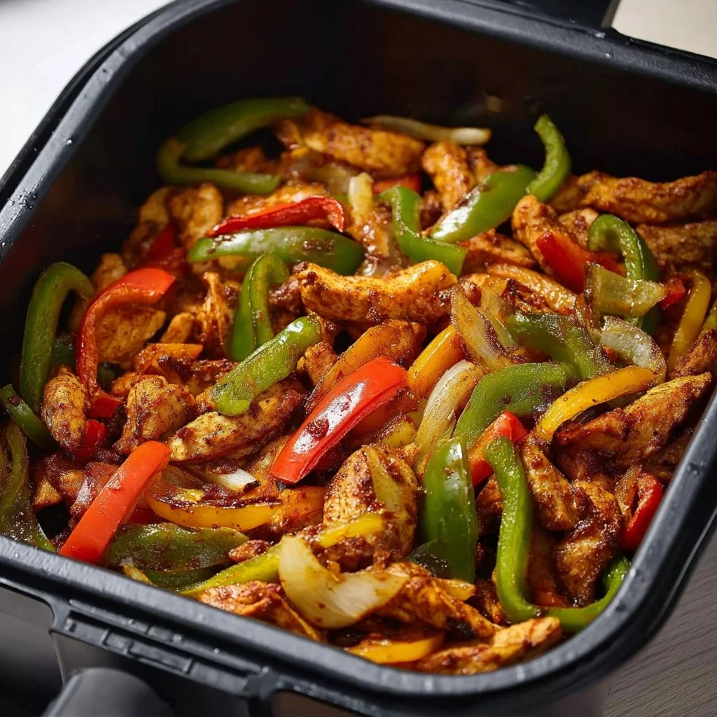 Tasty air fryer chicken fajitas with peppers and onions