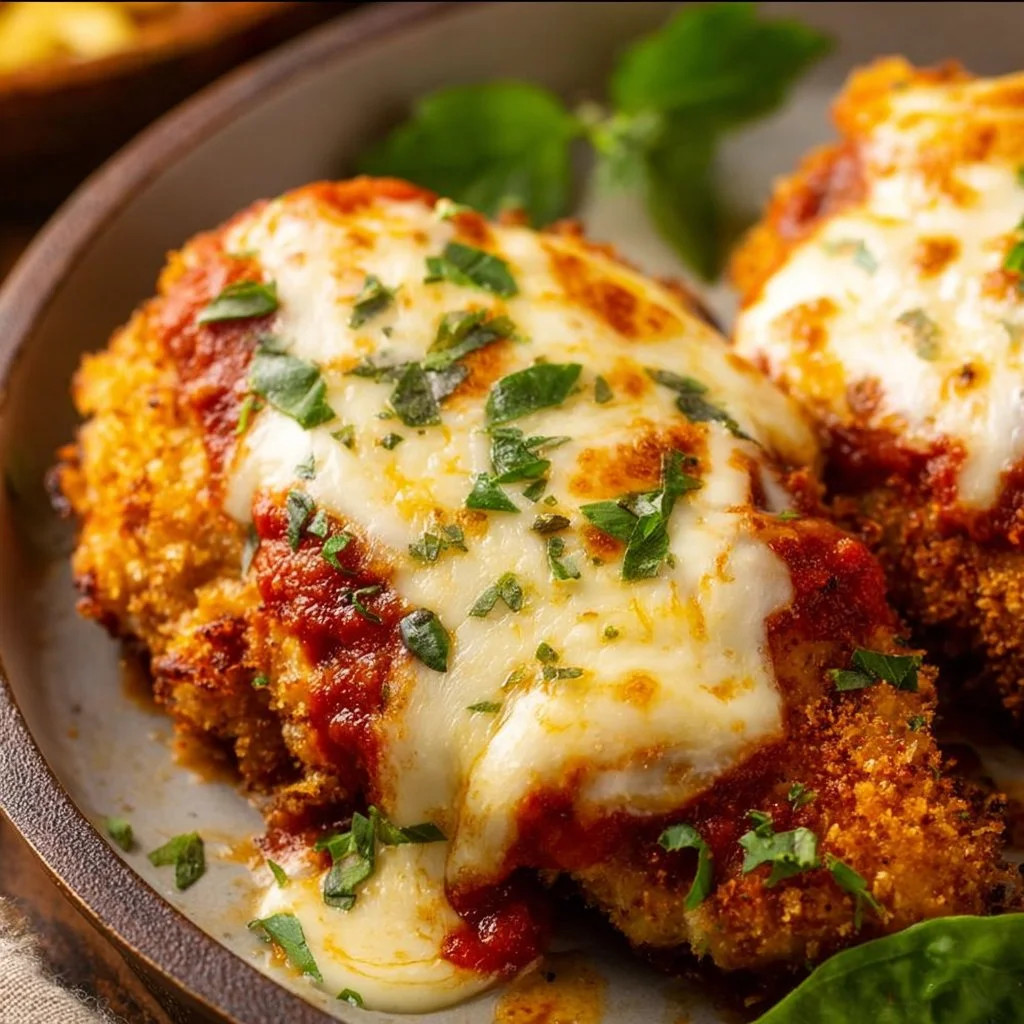 Crispy Air Fryer Chicken Parmesan served with marinara sauce and cheese