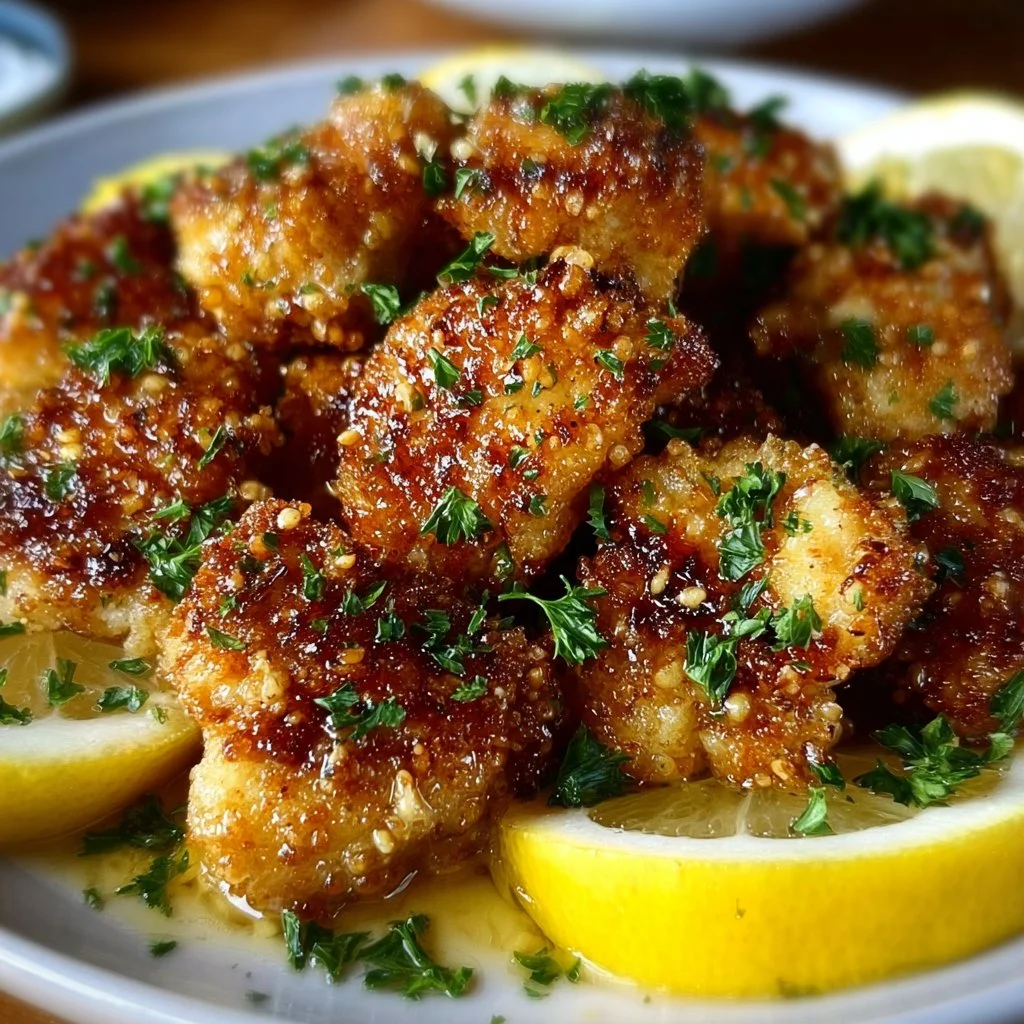 Air Fryer Lemon Chicken Bites served on a plate with fresh lemon slices.
