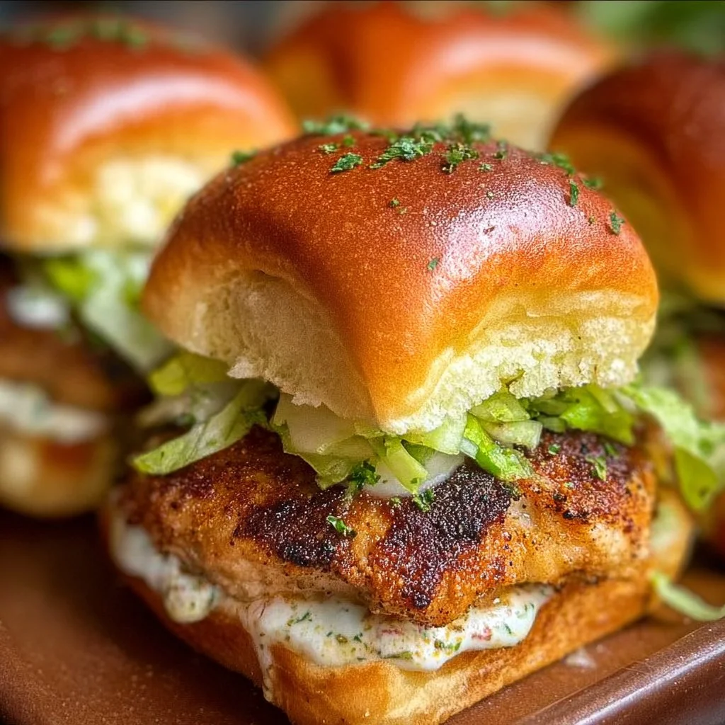 Alabama White Blackened Chicken Sliders served on a platter with toppings