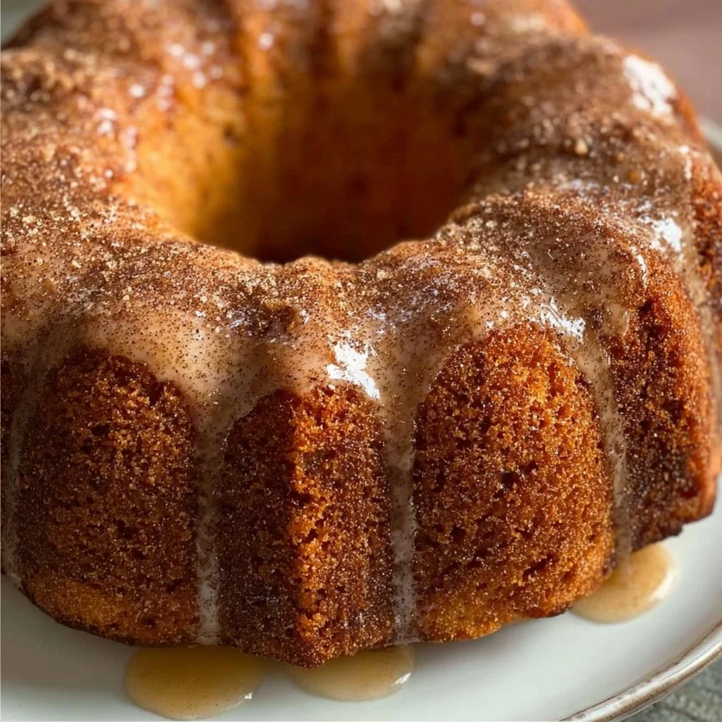 Deliciously spiced Apple Cider Bundt Cake served with a caramel drizzle