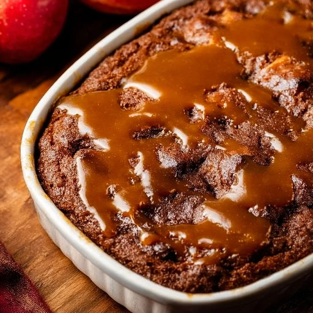 Delicious Apple Dapple Cake topped with nuts and caramel sauce