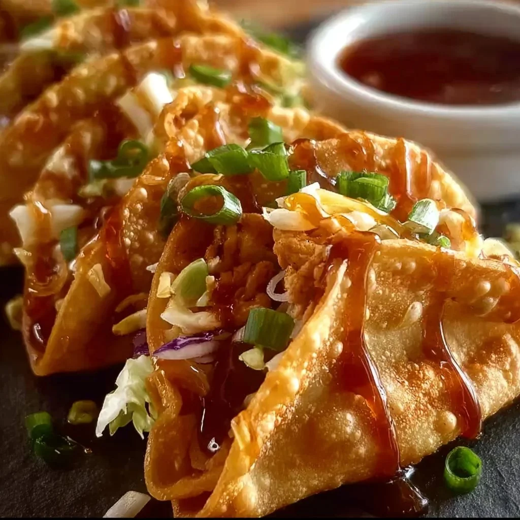 Applebee's Chicken Wonton Tacos served with dipping sauce