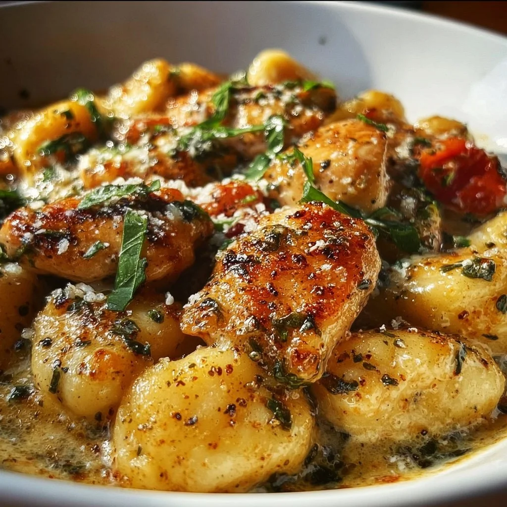 Creamy Asiago Chicken Gnocchi served in a bowl with fresh herbs