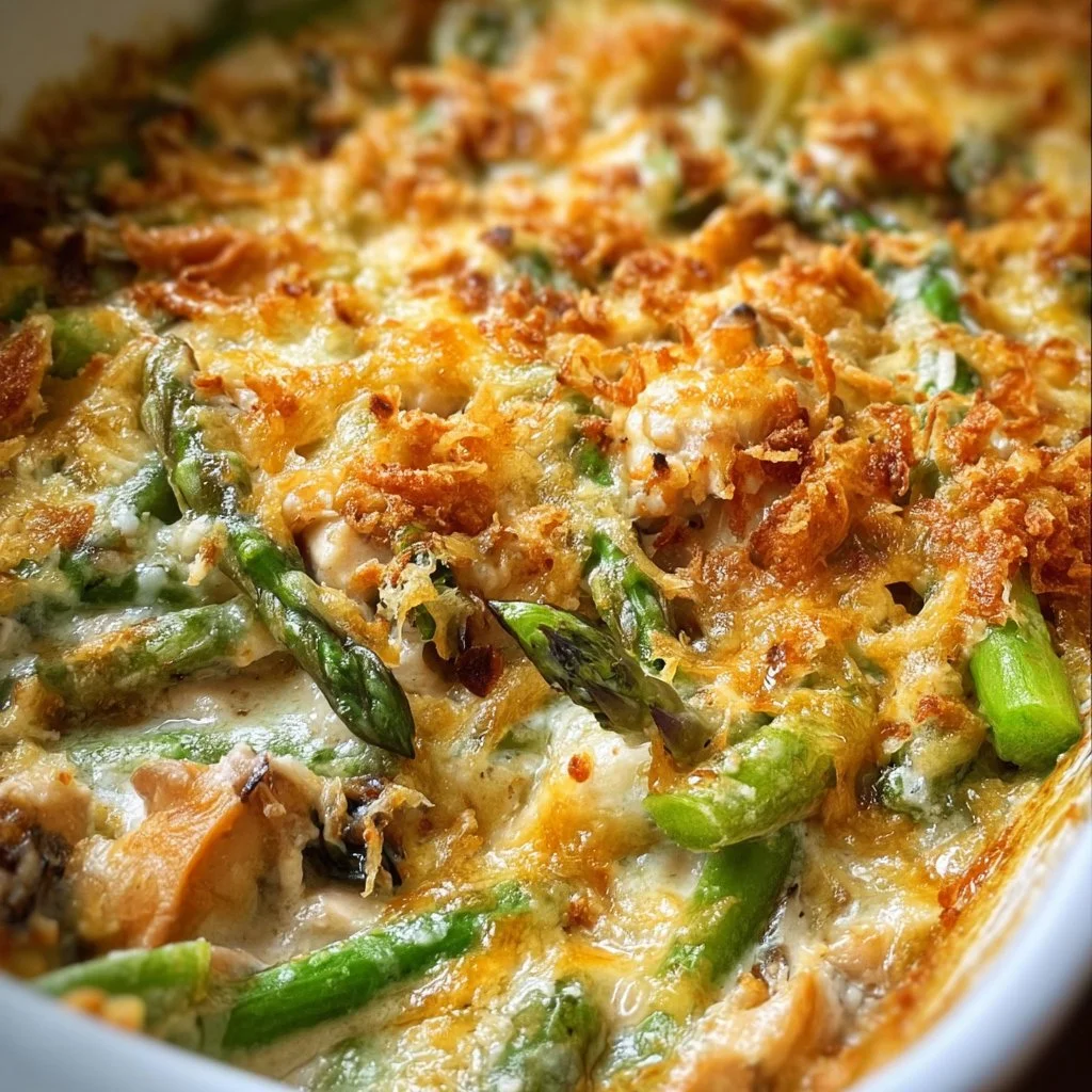 Delicious Asparagus Chicken Casserole served in a baking dish