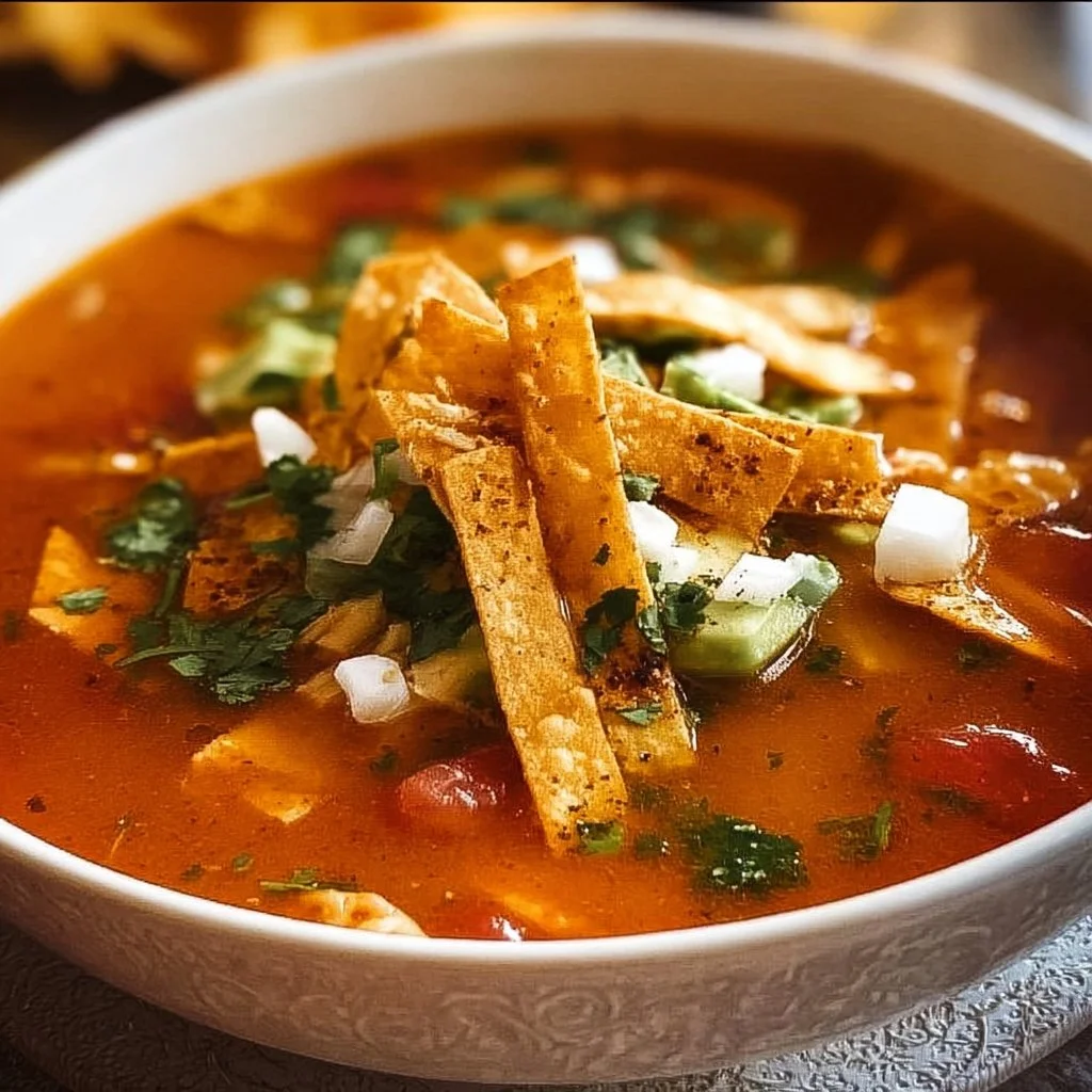 Bowl of authentic Mexican homemade tortilla soup with colorful toppings