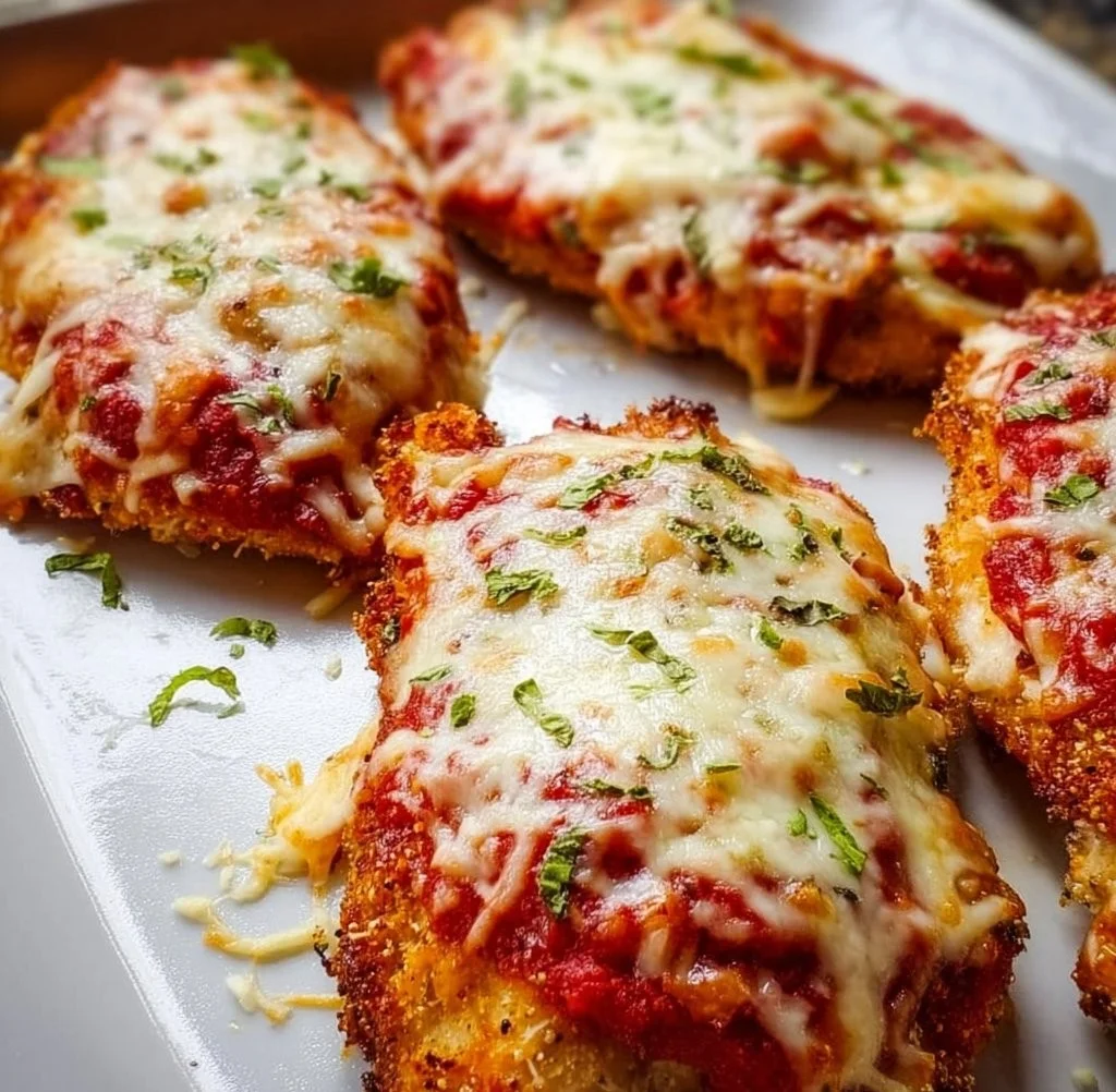 Baked Chicken Parmesan served with marinara sauce and melted cheese
